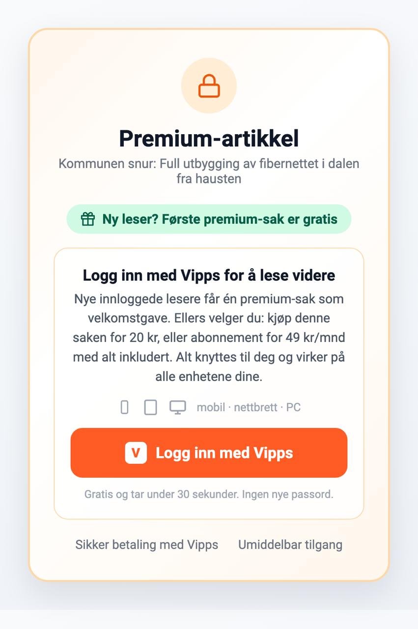 Betalingsmuren ny leser møter: velkomstgave-badge, Vipps-innlogging og tydelig beskjed om at det tar under 30 sekunder og ikke krever nye passord.