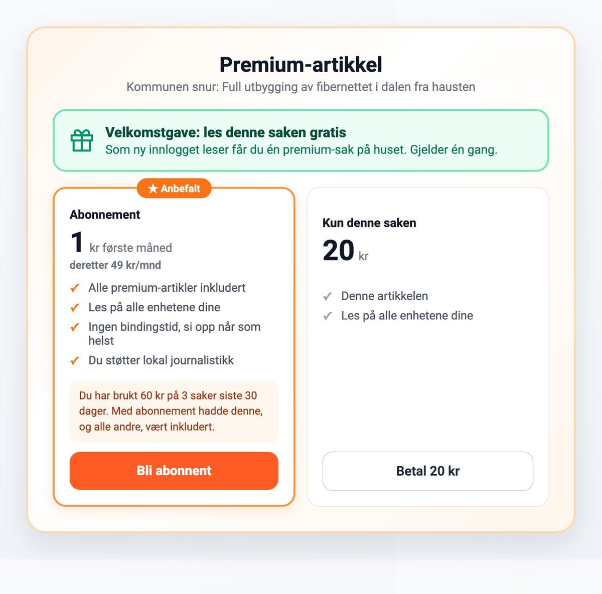 Valg-muren viser abonnement og enkeltkjøp side ved side. Leserens eget forbruk de siste 30 dagene vises under abonnementskortet, slik at regnestykket snakker for seg selv.