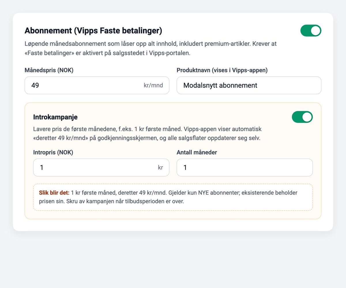 Admin-skjermbildet for abonnement og introkampanje. To felt er alt som trengs: intropris og antall måneder. En forhåndsvisning viser nøyaktig hva leseren vil se i Vipps-appen.