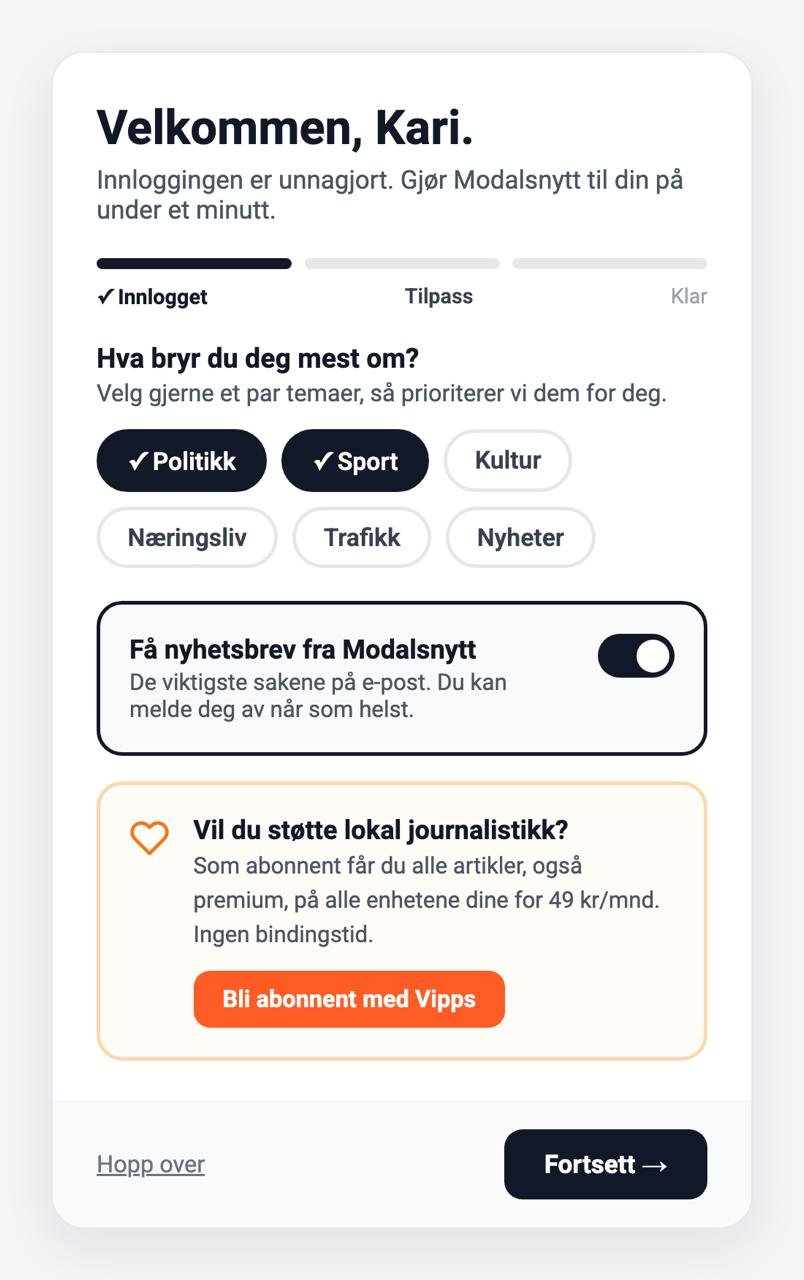 Velkomstskjermen etter innlogging: fremdriftsindikator, temavalg og nyhetsbrev-toggle. Leseren er allerede i gang, og IKEA-effekten gjør at hun vil fullføre.